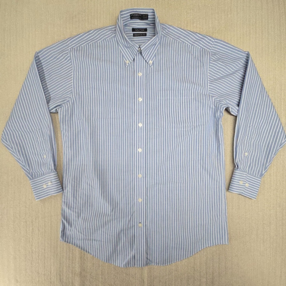 Nautica Shirt Mens Medium‎ 15.5 32/33 Blue White Stripe Long Sleeve Button Up